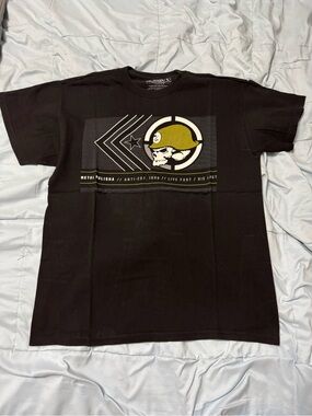Metal Mulisha Black Tee with Olive Skull Helmet Graphic